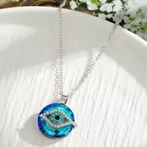 Evil Eye Crystal Circle Pendant Adjustable Silver Necklace New Boutique